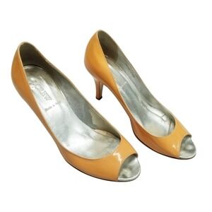 J. Crew Womens Peep Toe Heels Patent Leather Upper Italy Made Sunflower Yellow 8